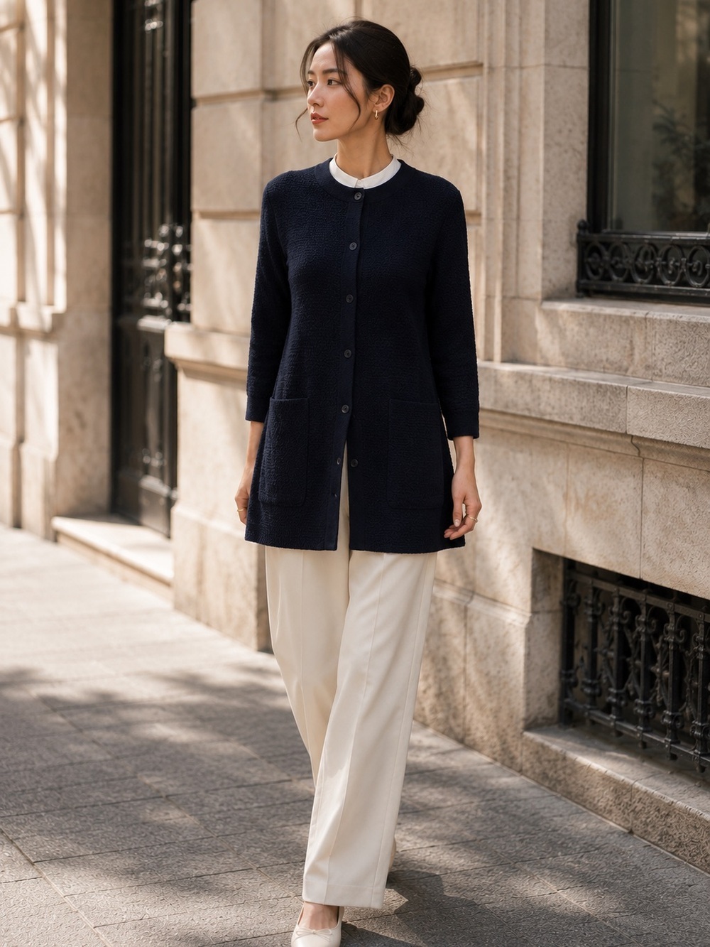COS Textured Navy Swing Pocket Tunic Top XS Minimalist Quiet Luxury Chic